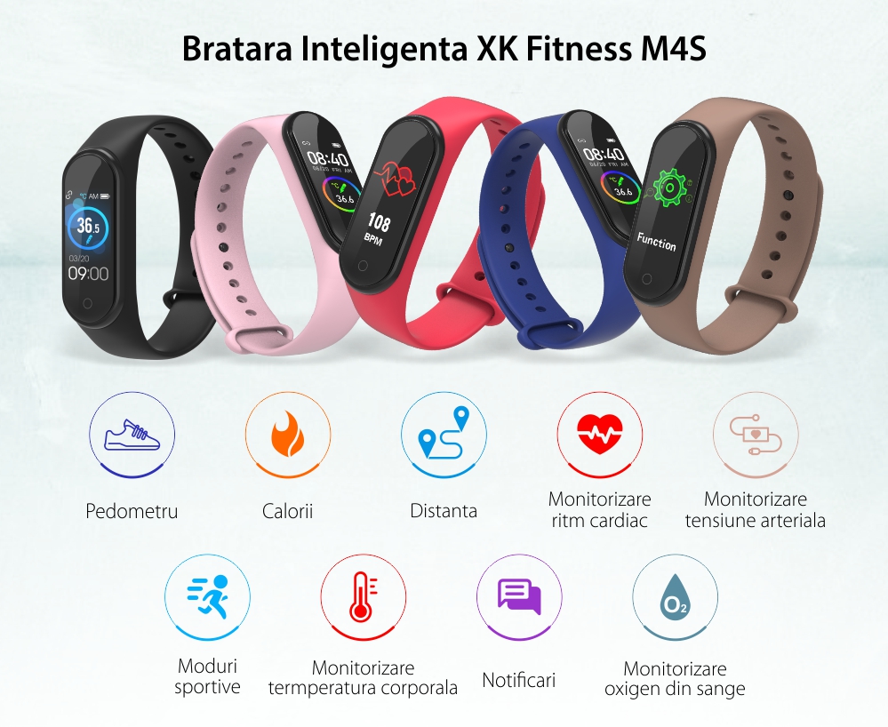 Bratara inteligenta XK Fitness M4S cu Display 0.96 inch, Bluetooth 4.2, Temperatura corporala, Calorii, Distanta, Cafeniu