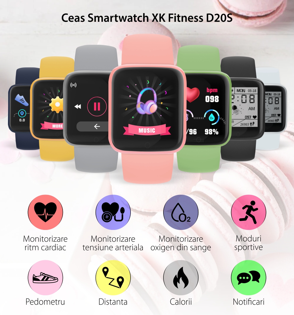 Ceas Smartwatch XK Fitness D20S cu Functii monitorizare sanatate, Distanta, Calorii, Pasi, Informatii vreme, Verde