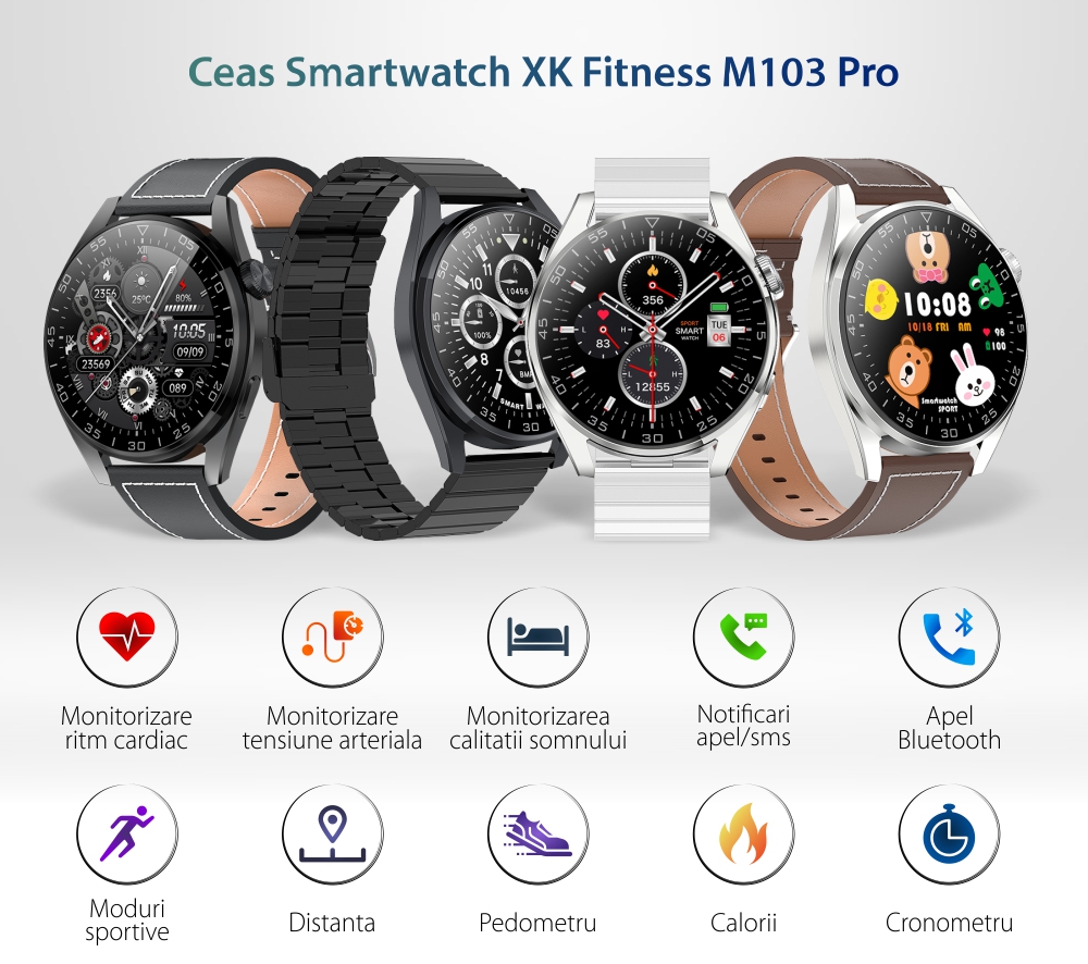Ceas Smartwatch XK Fitness M103 Pro cu Monitorizare oxigen, Tensiune arteriala, Puls, Somn, Calorii, Pedometru, Sport, Bratara piele, Maro