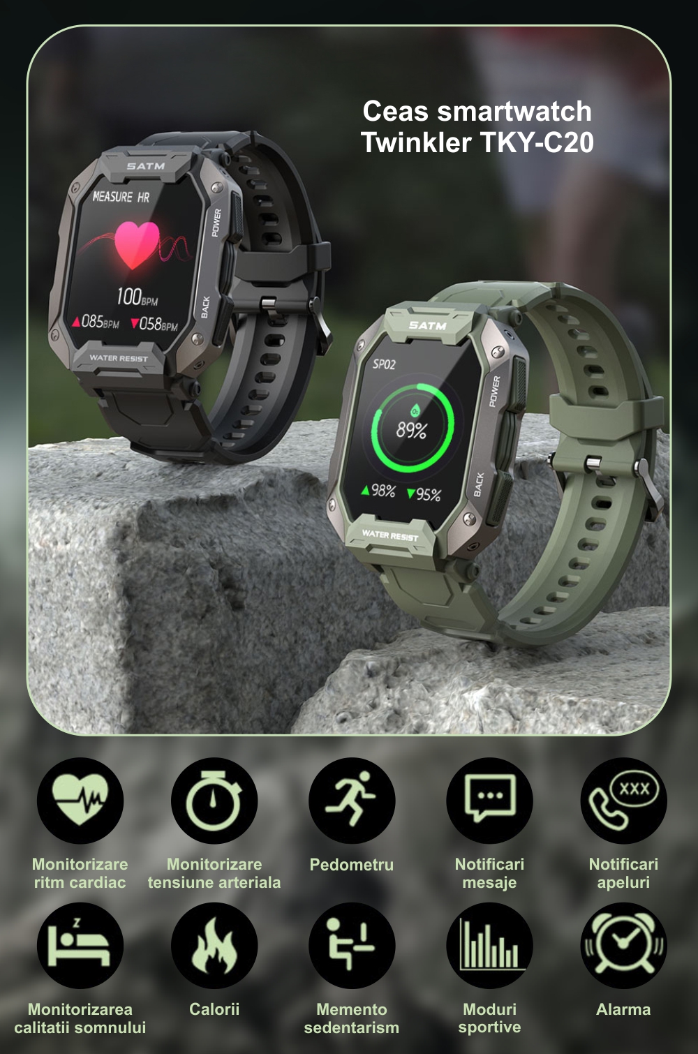 Ceas Smartwatch Twinkler TKY-C20 cu Monitorizare ritm cardiac, Tensiune arteriala, Moduri sportive, Calorii, Pedometru, Verde camuflaj