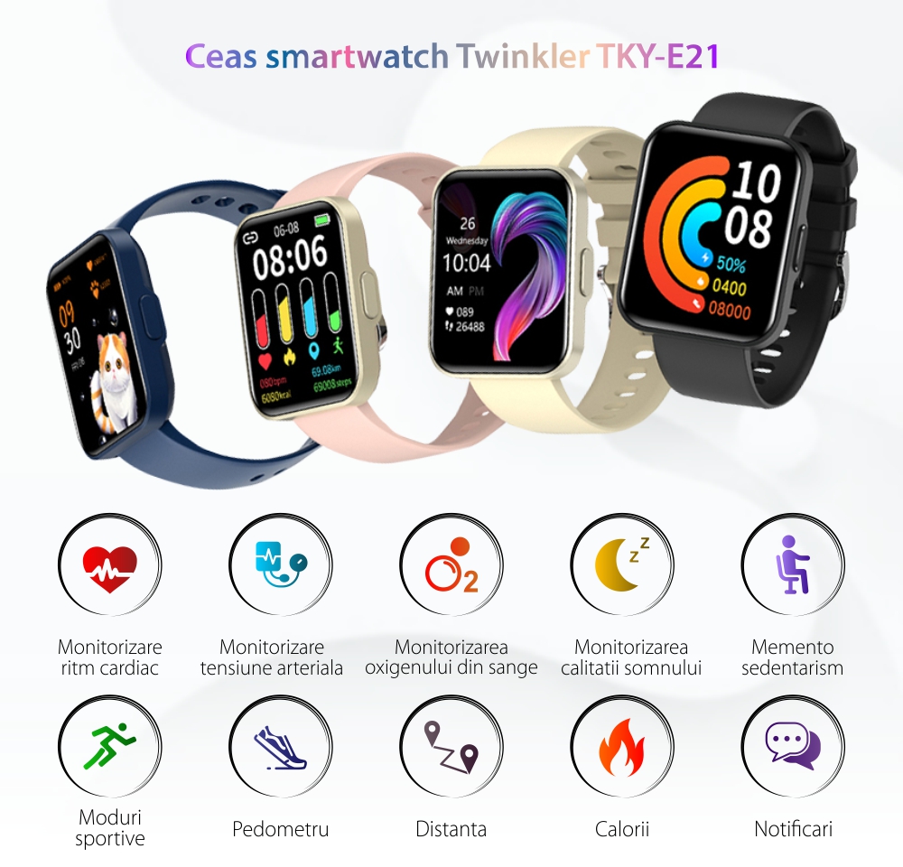 Ceas Smartwatch Twinkler TKY-E21 cu Display 1.69 inch, Notificari, Moduri sportive, Calorii, Distanta, Pedometru, Roz