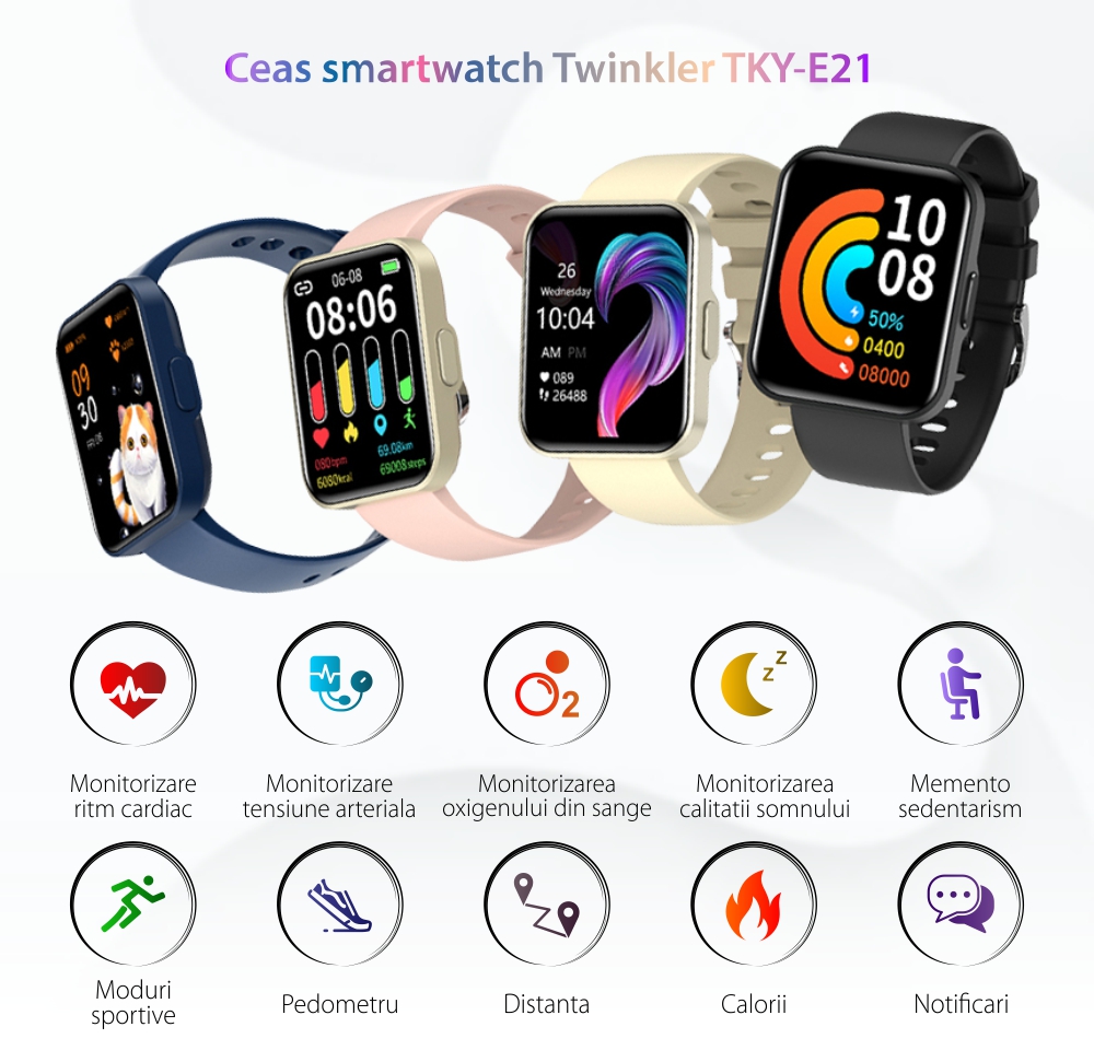 Ceas Smartwatch Twinkler TKY-E21 cu Display 1.69 inch, Notificari, Moduri sportive, Calorii, Distanta, Pedometru, Negru