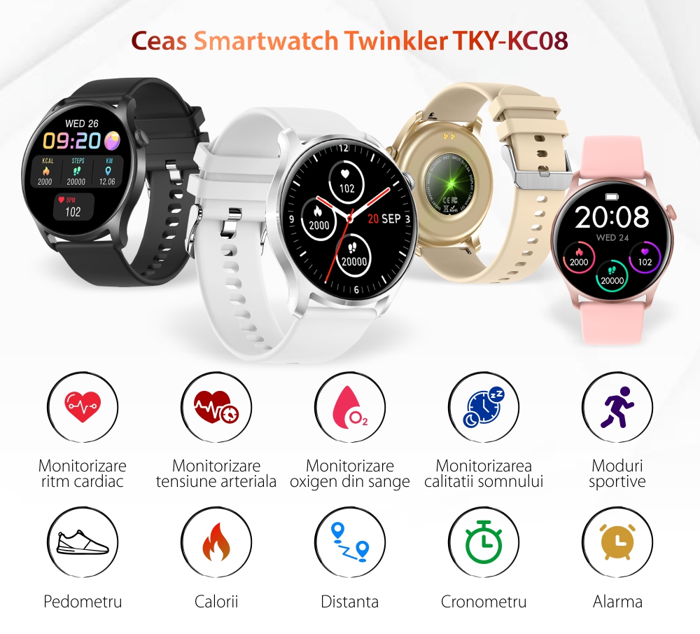Ceas Smartwatch Twinkler TKY-KC08 cu Display 1.3 inch, Moduri sportive, Functii sanatate, Calorii, Notificari, Alarma, Auriu