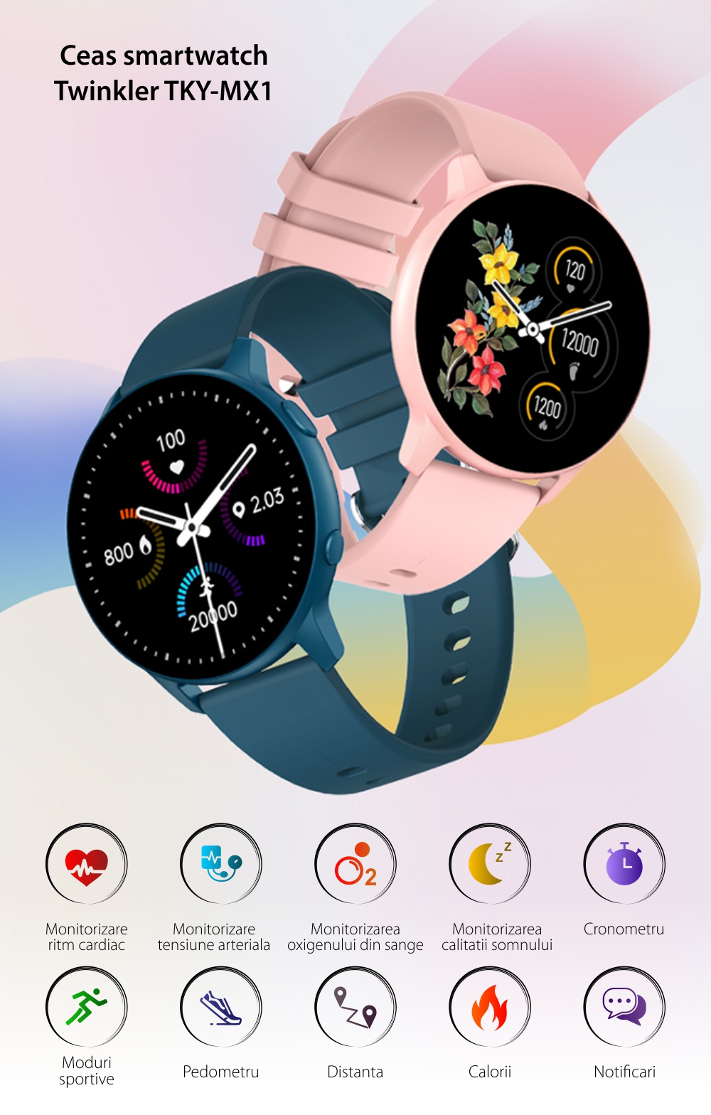 Ceas Smartwatch Twinkler TKY-MX1 cu Display 1.32 inch, Notificari, Distanta, Calorii, Monitorizarea sanatate, Moduri sport, Roz