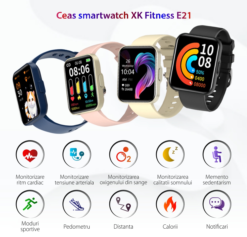 Ceas Smartwatch XK Fitness E21 cu Display 1.69 inch, Notificari, Calorii, Distanta, Functii sanatate, Beige