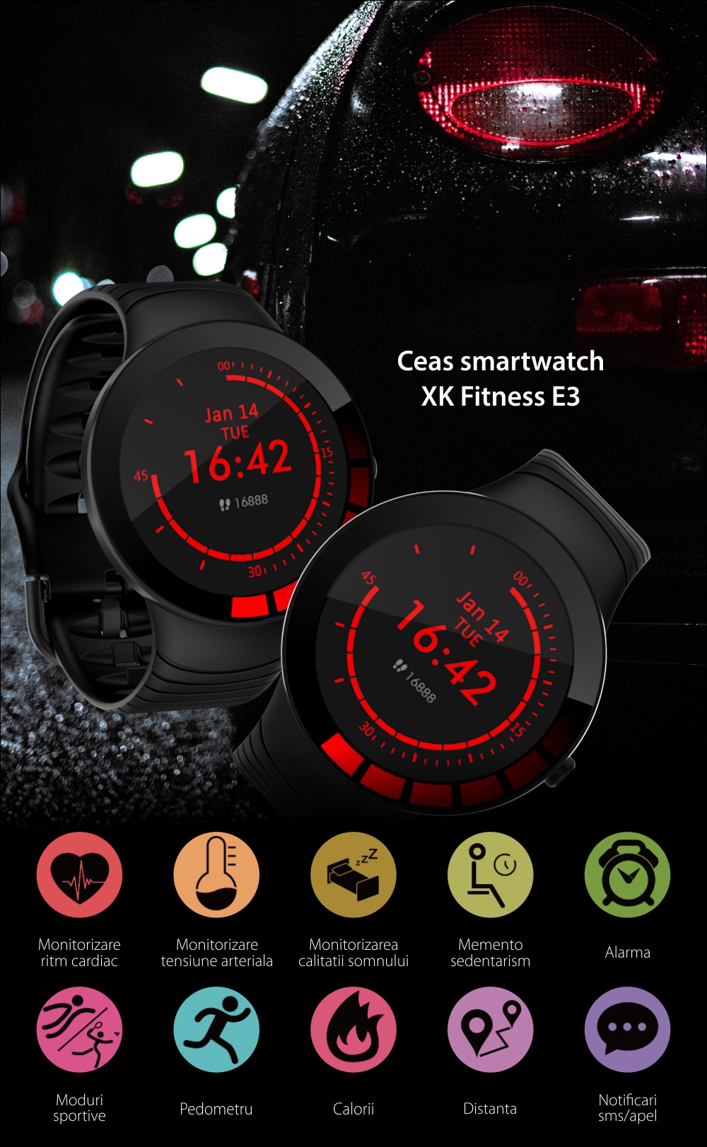 Ceas Smartwatch XK Fitness E3 cu Moduri sportive, Functii sanatate, Pedometru, Calorii, Distanta, Negru