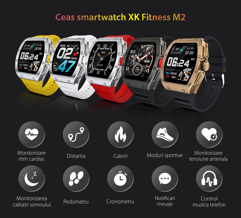 Ceas Smartwatch XK Fitness M2 cu Monitorizare somn, Ritm cardiac, Tensiune arteriala, Moduri sportive, Notificari, Negru