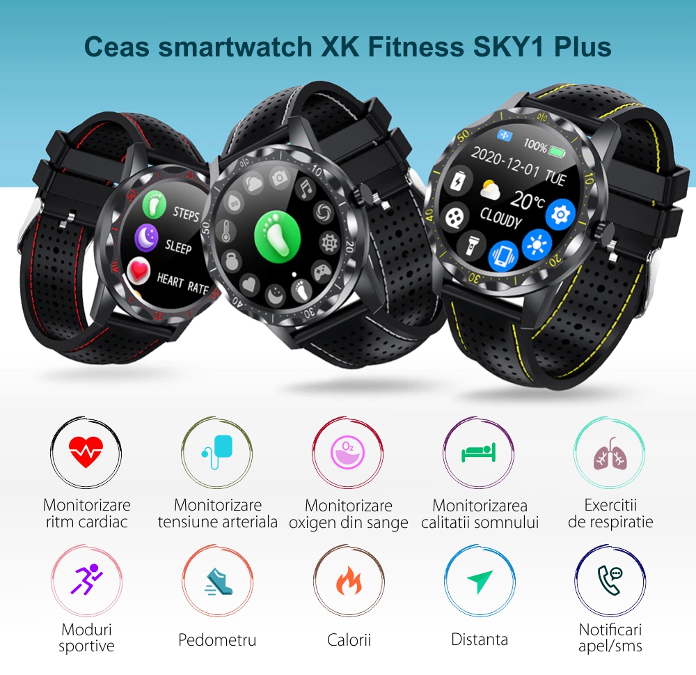 Ceas Smartwatch XK Fitness SKY1 Plus cu Display 1.28 inch, Notificari, Pedometru, Calorii, Functii sanatate, Moduri sport, Negru / Galben