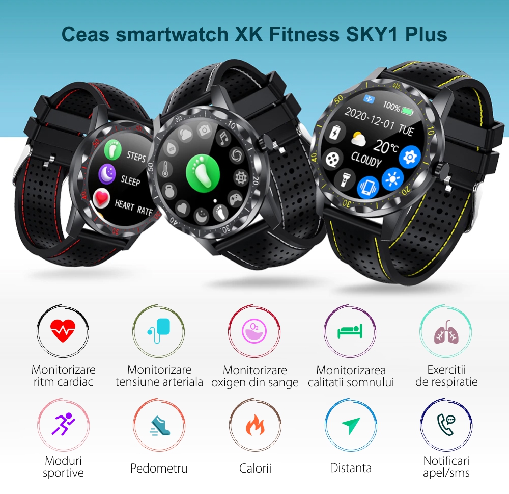 Ceas Smartwatch XK Fitness SKY1 Plus cu Display 1.28 inch, Notificari, Pedometru, Calorii, Functii sanatate, Moduri sport, Negru / Alb