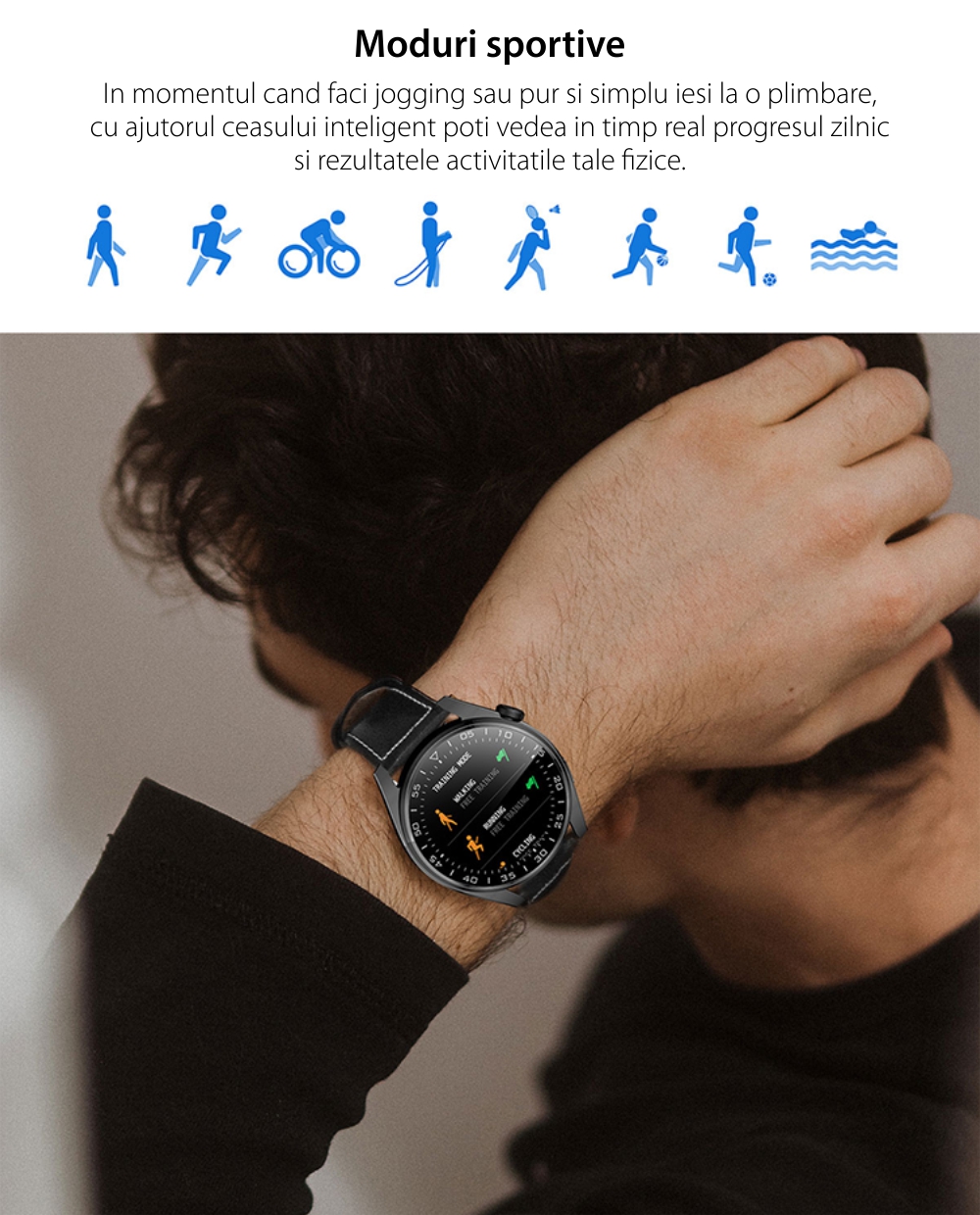Ceas Smartwatch XK Fitness M103 Pro cu Monitorizare oxigen, Tensiune arteriala, Puls, Somn, Calorii, Pedometru, Sport, Bratara piele, Negru