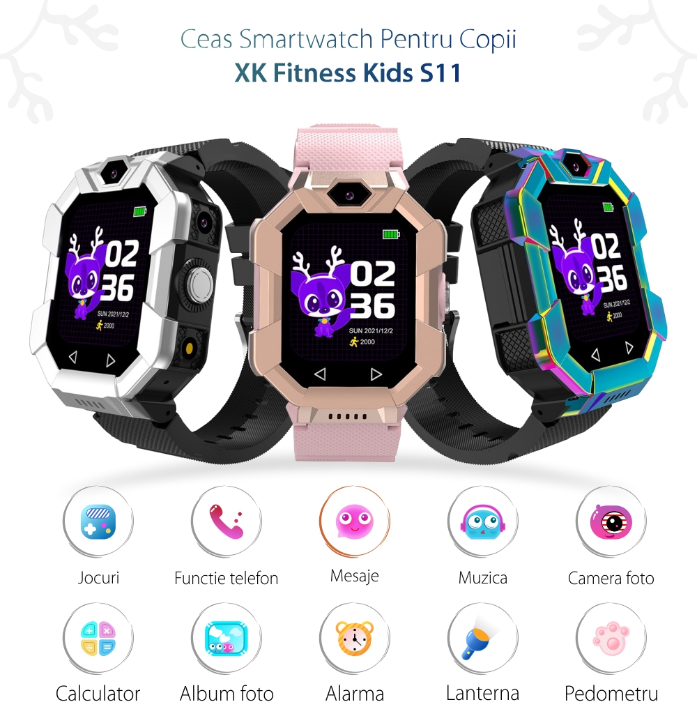 Ceas Smartwatch Pentru Copii XK Fitness S11 cu Retea 2G, Fara GPS, Jocuri, Pedometru, Cronometru, Camera, Apel SOS, Negru