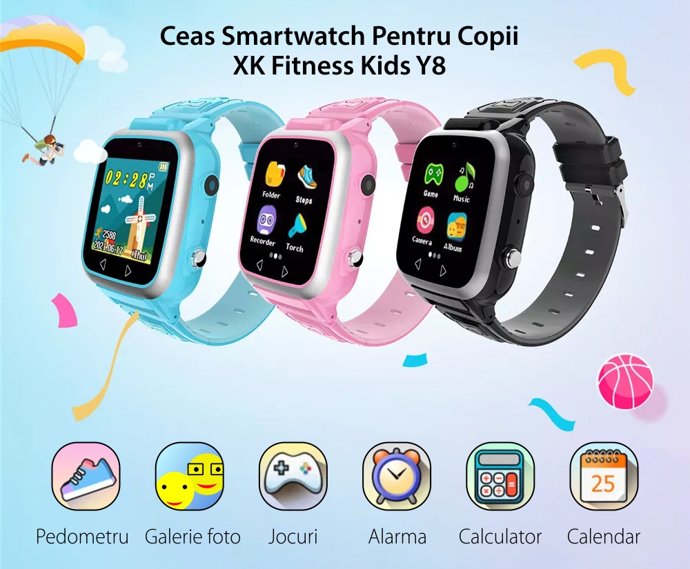 Ceas Smartwatch Pentru Copii XK Fitness Y8 cu Jocuri, Lanterna, Camera, Pasi, Alarma, Calculator, Negru