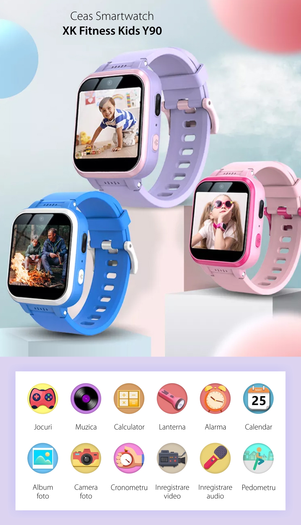 Ceas Smartwatch Pentru Copii XK Fitness Y90, fara GPS, cu Pedometru,  Jocuri, Camera, Muzica, Lanterna, Alarma, Mov