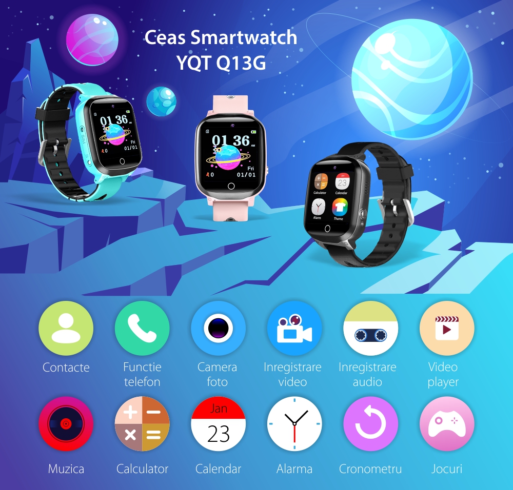 Ceas Smartwatch Pentru Copii YQT Q13G, fara GPS, cu Functie telefon, 7 Jocuri, Camera, Album, Lanterna, Albastru