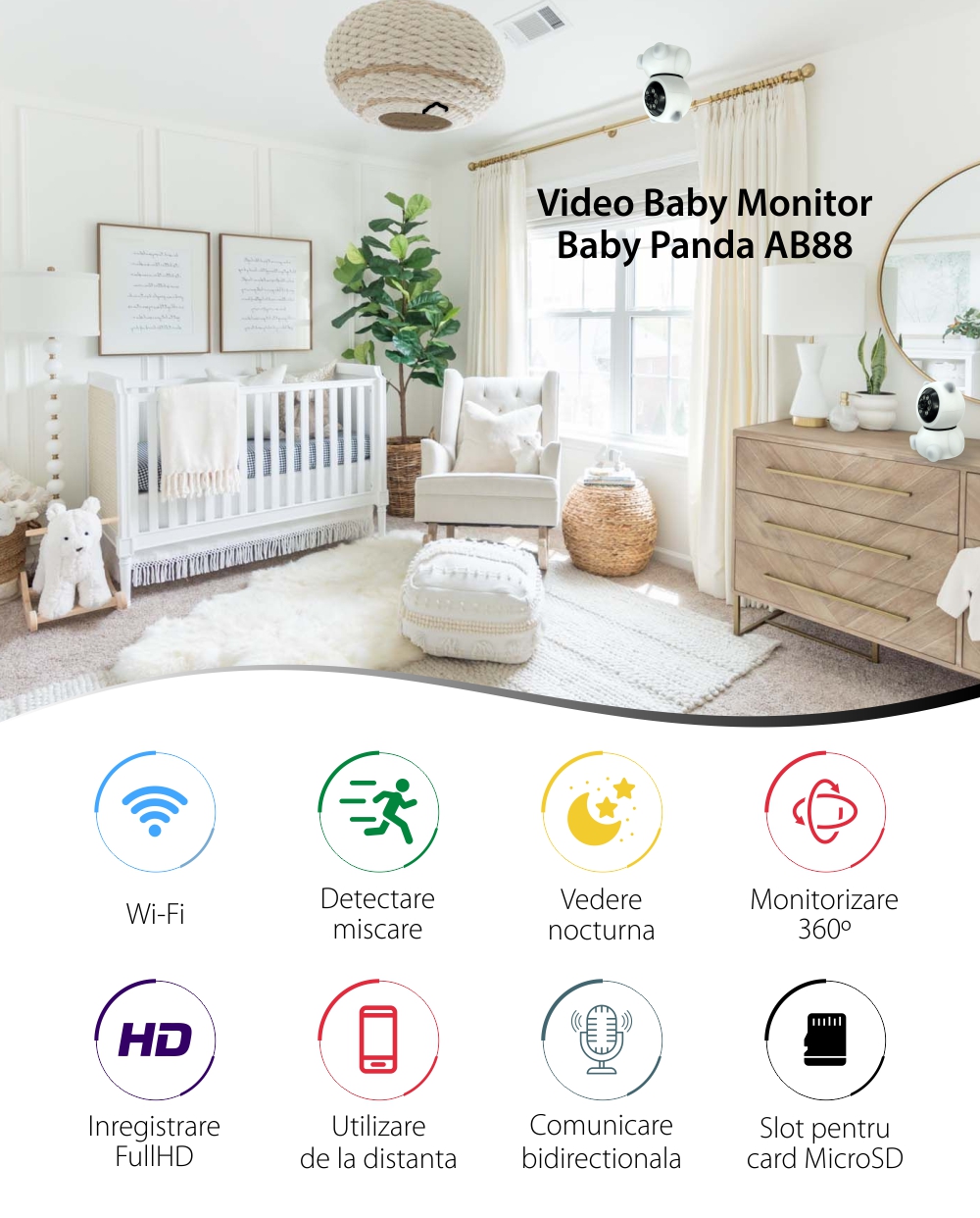 Video Baby Monitor AB88 cu Wi-Fi Detectare miscare, Vedere nocturna, Monitorizare 360, Slot microSD, Alb