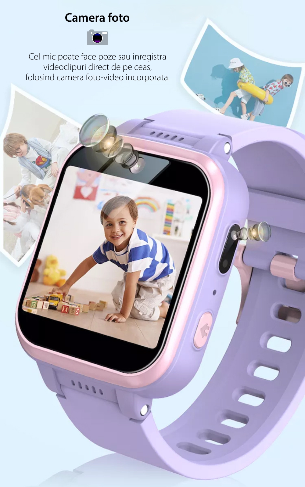 Ceas Smartwatch Pentru Copii XK Fitness Y90, fara GPS, cu Pedometru,  Jocuri, Camera, Muzica, Lanterna, Alarma, Mov
