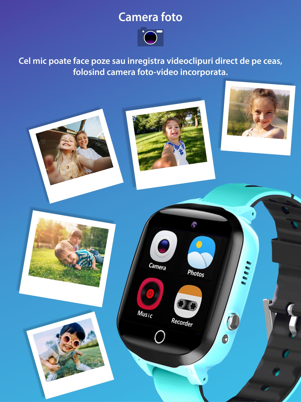 Ceas Smartwatch Pentru Copii YQT Q13G, fara GPS, cu Functie telefon, 7 Jocuri, Camera, Album, Lanterna, Albastru