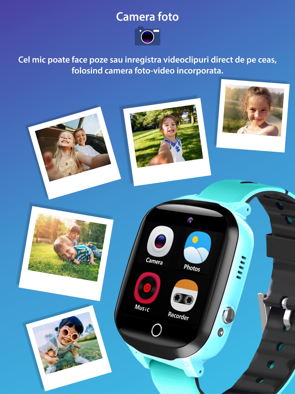 Ceas Smartwatch Pentru Copii YQT Q13G, fara GPS, cu Functie telefon, 7 Jocuri, Camera, Album, Lanterna, Negru