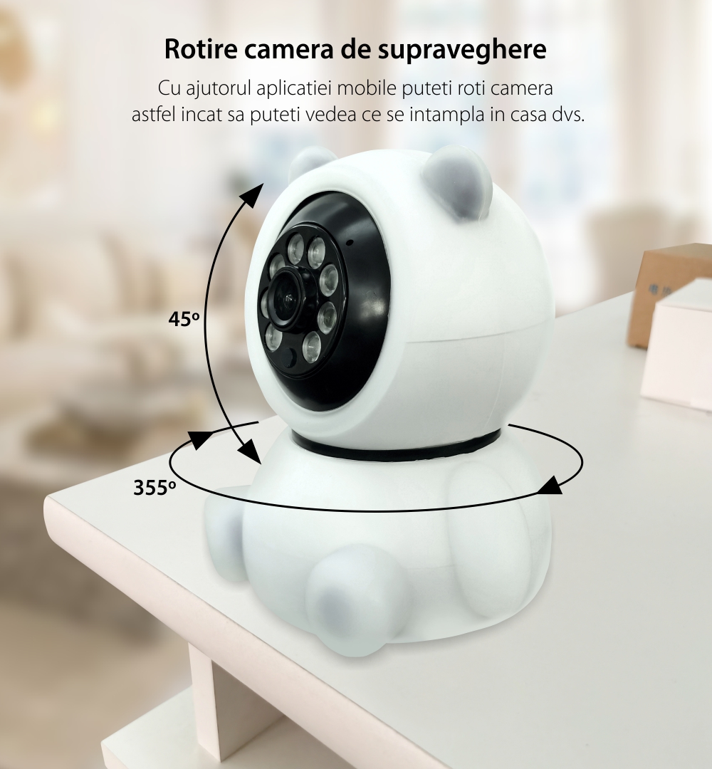 Video Baby Monitor AB88 cu Wi-Fi Detectare miscare, Vedere nocturna, Monitorizare 360, Slot microSD, Alb