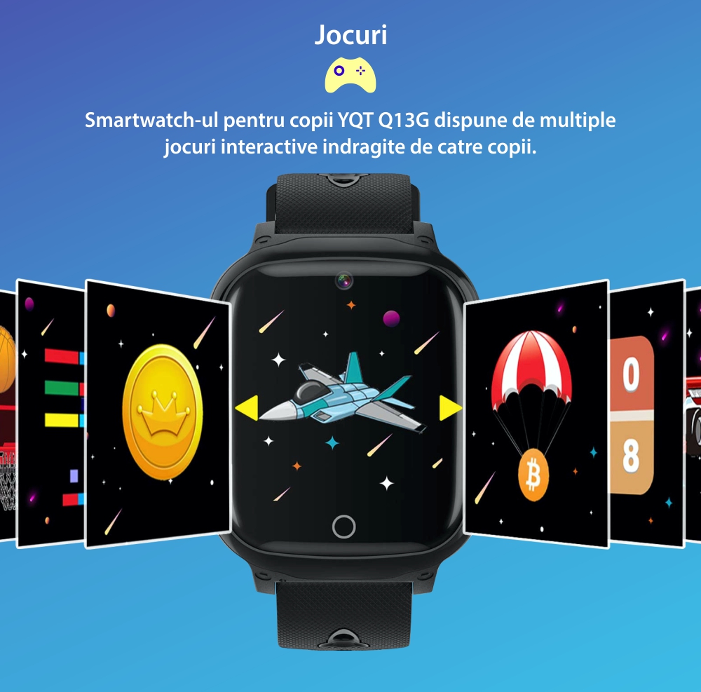 Ceas Smartwatch Pentru Copii YQT Q13G, fara GPS, cu Functie telefon, 7 Jocuri, Camera, Album, Lanterna, Negru