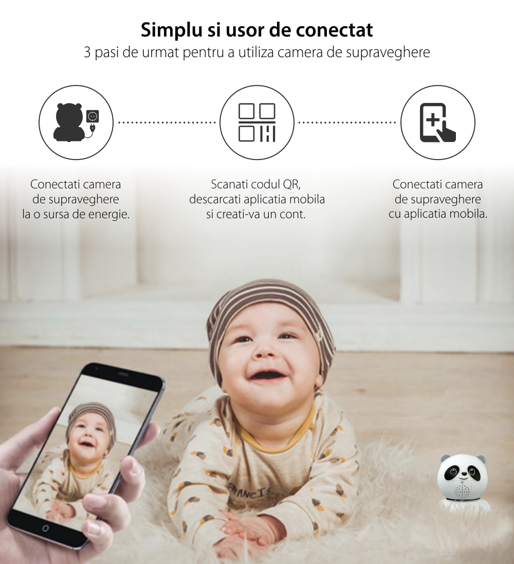 Video Baby Monitor AB88 cu Wi-Fi Detectare miscare, Vedere nocturna, Monitorizare 360, Slot microSD, Alb