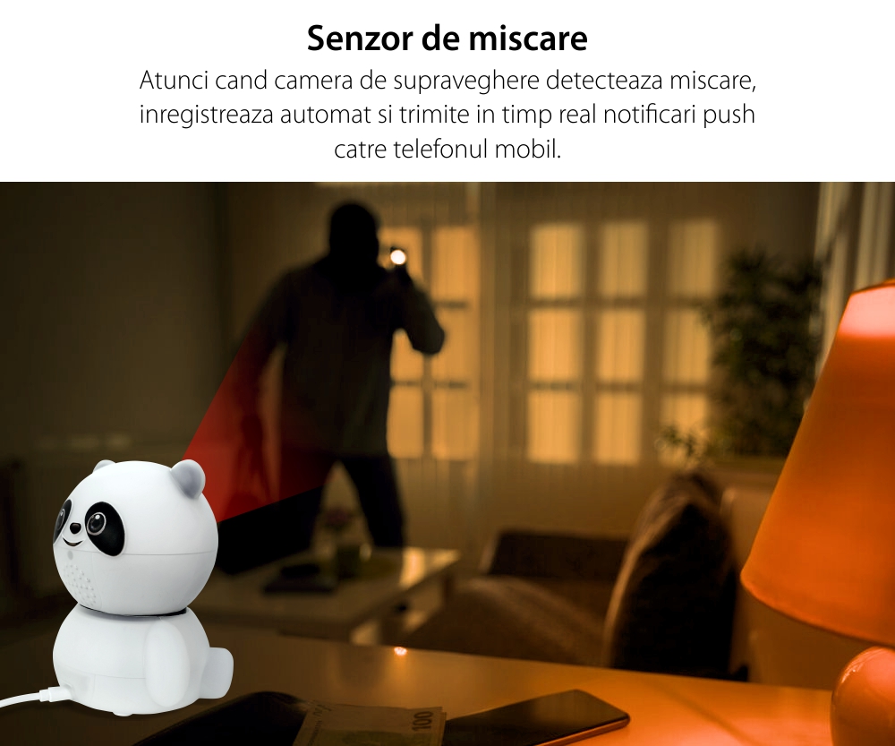 Video Baby Monitor AB88 cu Wi-Fi Detectare miscare, Vedere nocturna, Monitorizare 360, Slot microSD, Alb