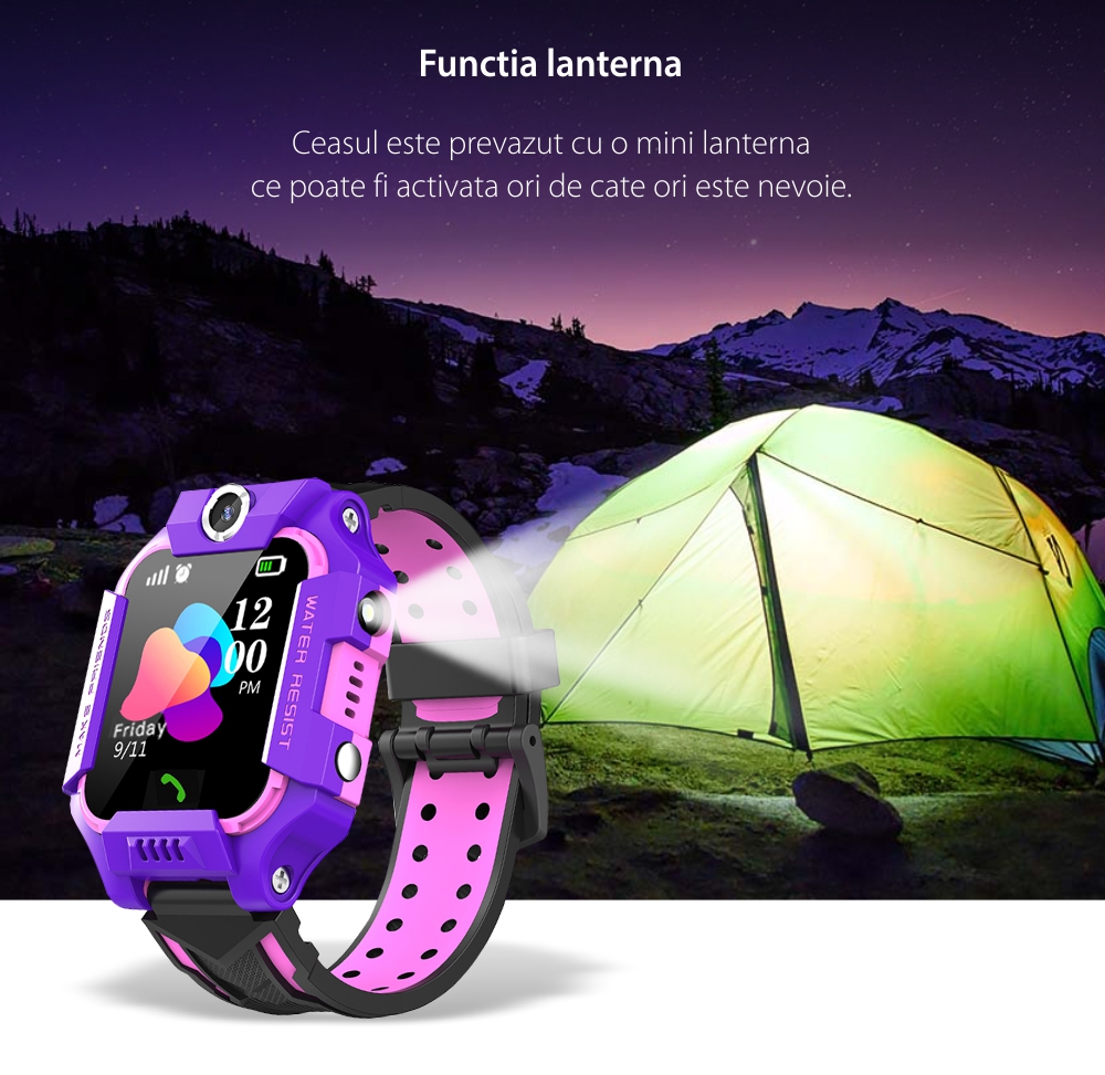 Ceas Smartwatch Pentru Copii YQT Q19Z, fara GPS, cu Functie telefon, Camera, Album, Lanterna, Mov