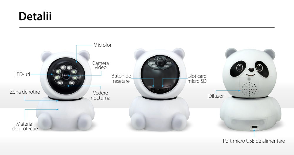 Video Baby Monitor AB88 cu Wi-Fi Detectare miscare, Vedere nocturna, Monitorizare 360, Slot microSD, Alb