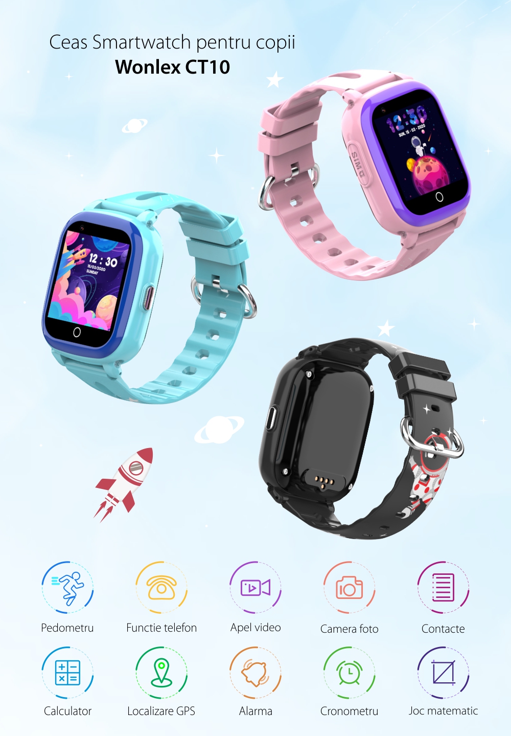 Ceas Smartwatch Pentru Copii Wonlex CT10 cu Functie telefon, Localizare GPS, Pedometru, Camera foto, Apel video, Albastru