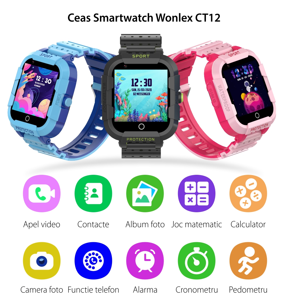 Ceas Smartwatch Pentru Copii Wonlex CT12 cu Functie telefon, Localizare GPS, Apel video, Pedometru, Contacte, Alarma, Negru