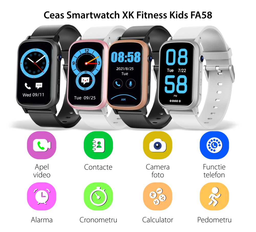Ceas Smartwatch Pentru Copii XK Fitness FA58 cu Functie telefon, Localizare GPS, Contacte, Apel video, Pedometru, Negru / Auriu