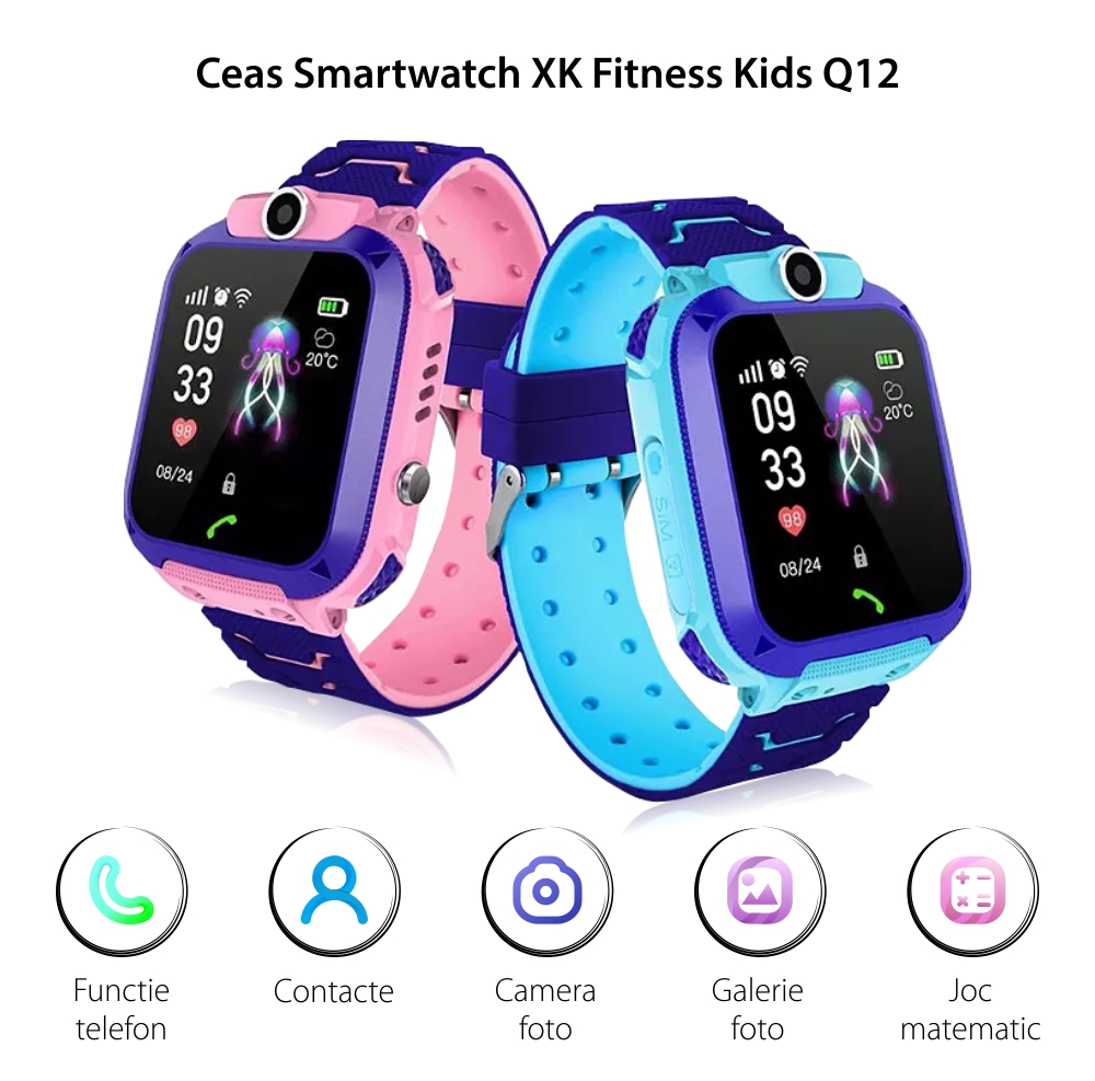 Ceas Smartwatch Pentru Copii XK Fitness Q12 cu Functie telefon, Localizare LBS, Contacte, Camera, Alarma, Mesaje, Istoric, Roz