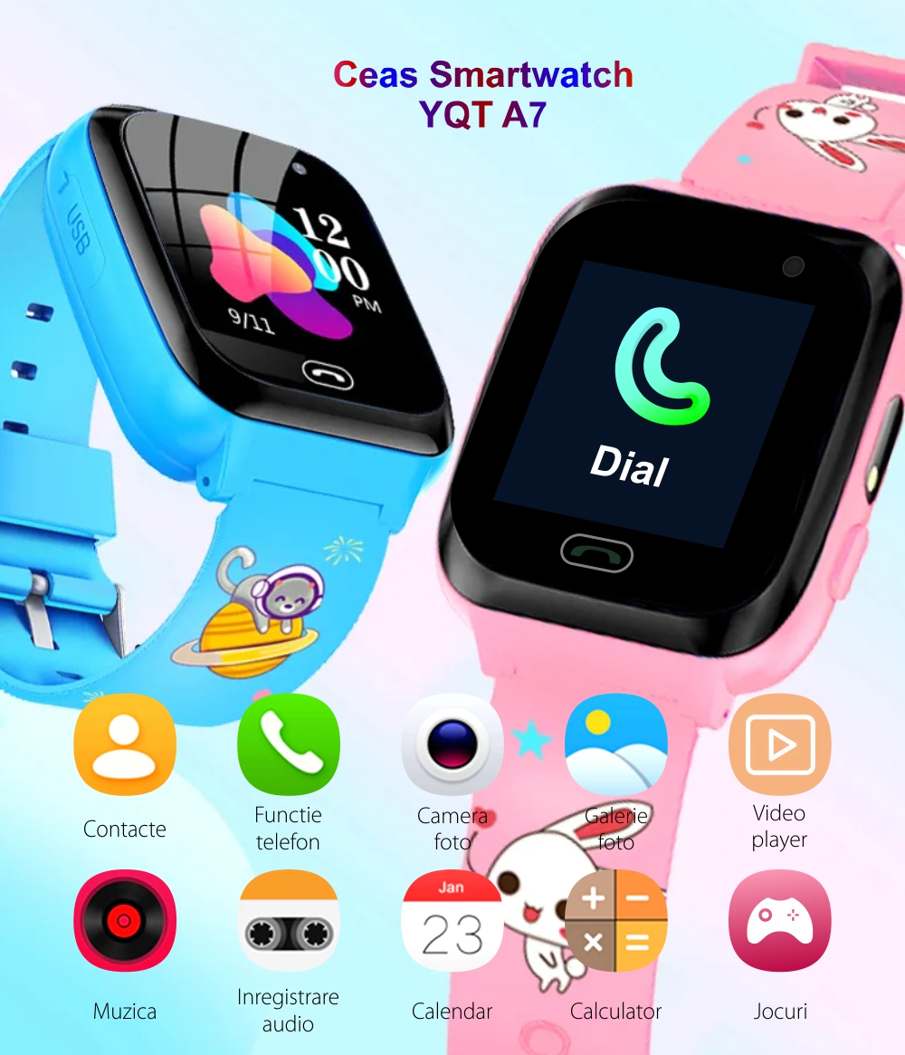 Ceas Smartwatch Pentru Copii YQT A7 cu Functie telefon, Istoric apeluri, Jocuri, Alarma, Contacte, Roz
