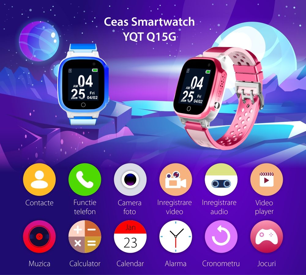 Ceas Smartwatch Pentru Copii YQT Q15G cu Functie telefon, Camera foto, Galerie, Jocuri, Alarma, Cronometru, Roz