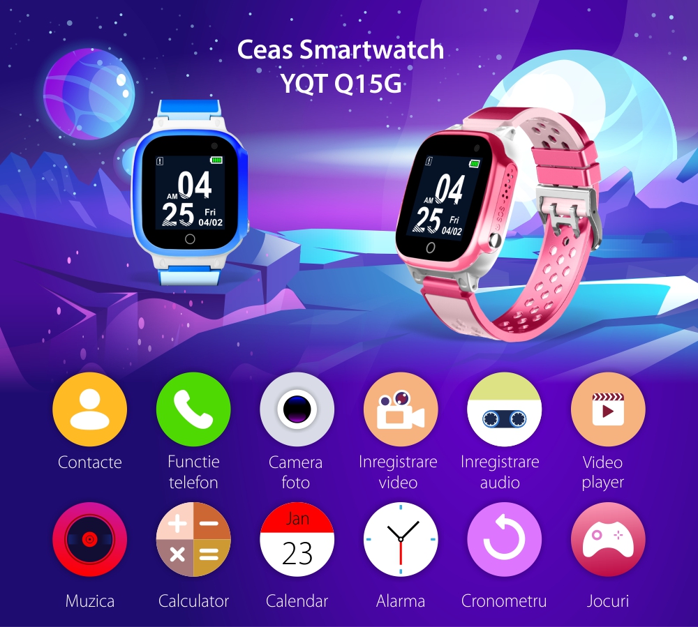 Ceas Smartwatch Pentru Copii YQT Q15G cu Functie telefon, Camera foto, Galerie, Jocuri, Alarma, Cronometru, Albastru