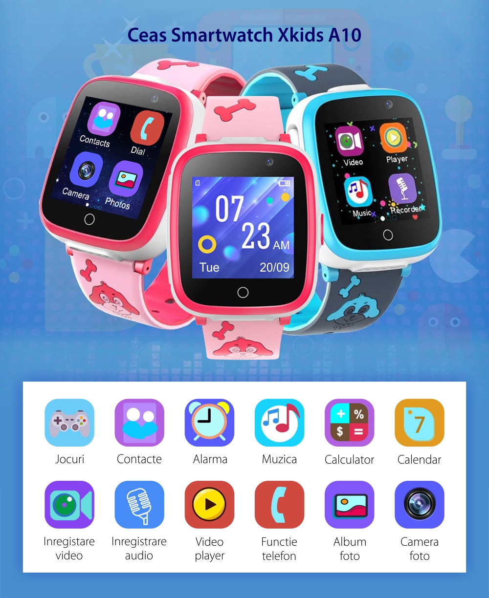 Ceas Smartwatch Pentru Copii Xkids A10 fara GPS, cu Funtie telefon, Jocuri, Camera, Contacte, Alarma, Cronometru, Albastru