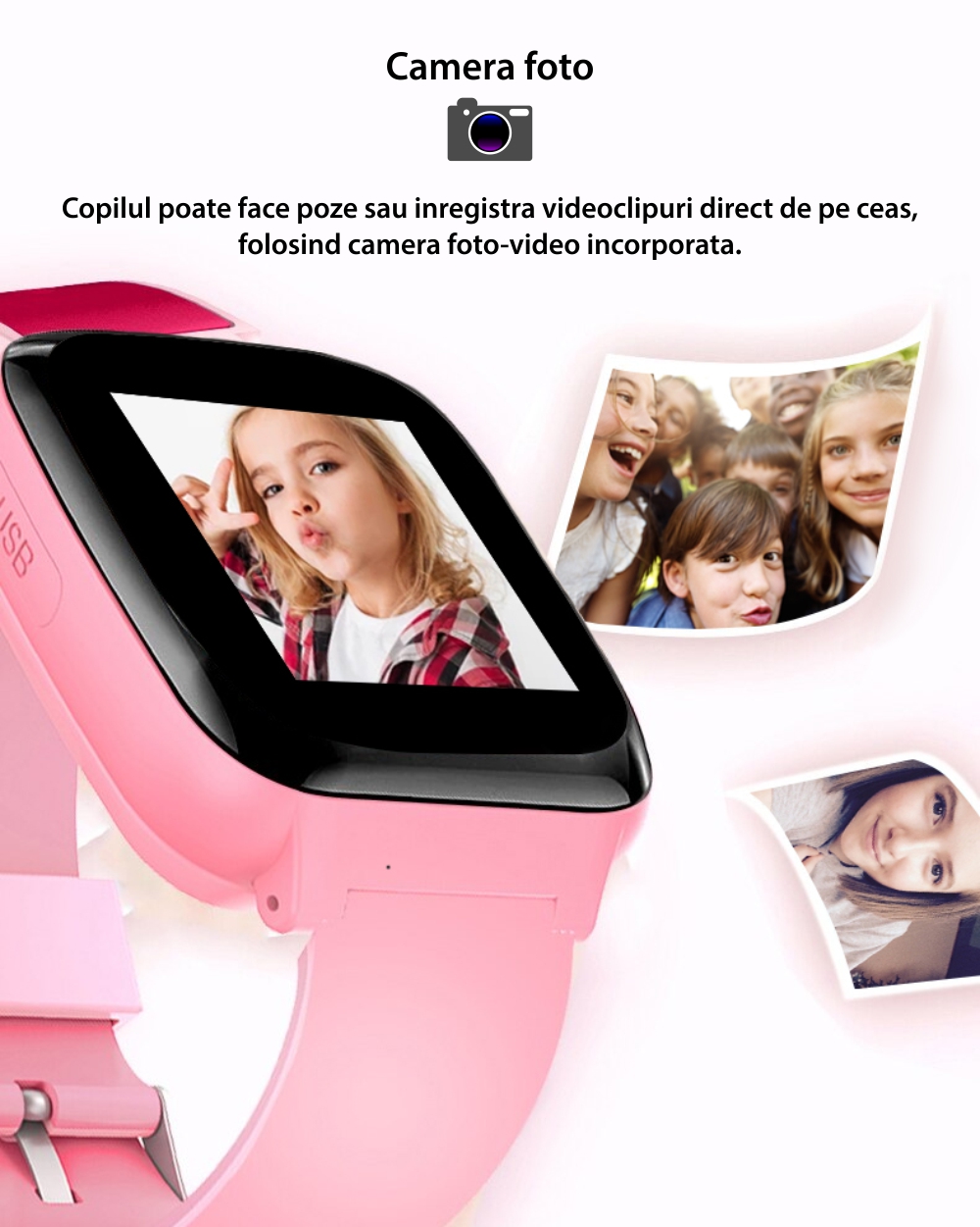 Ceas Smartwatch Pentru Copii YQT A7 cu Functie telefon, Istoric apeluri, Jocuri, Alarma, Contacte, Roz