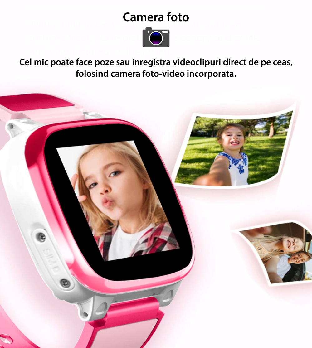 Ceas Smartwatch Pentru Copii YQT Q15G cu Functie telefon, Camera foto, Galerie, Jocuri, Alarma, Cronometru, Roz