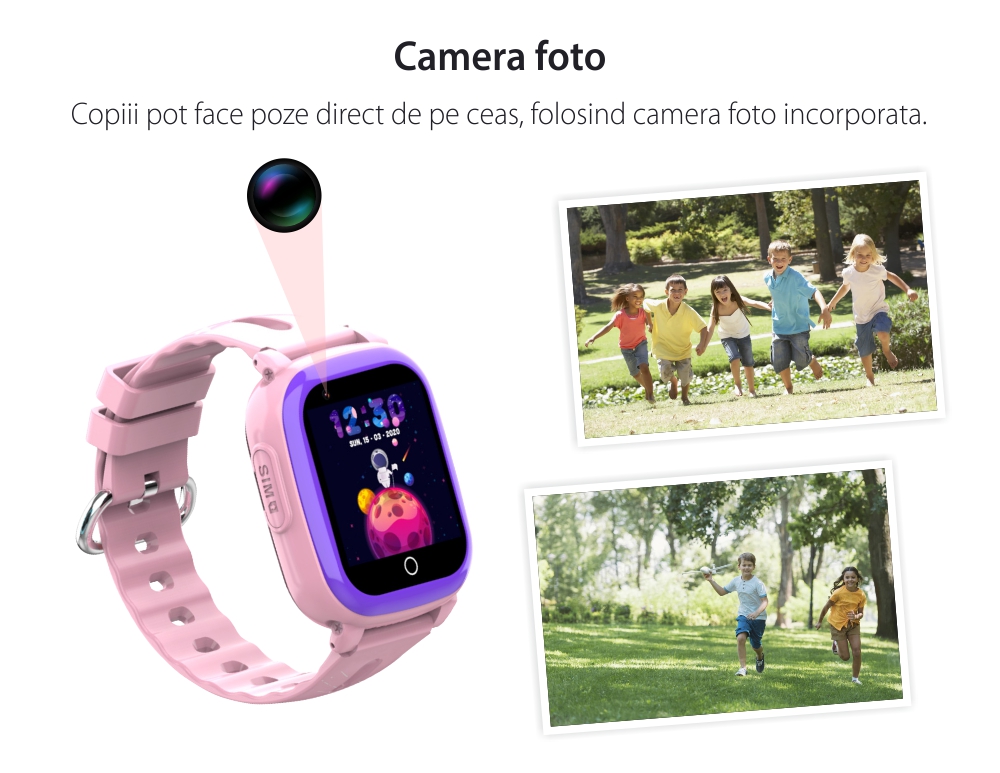 Ceas Smartwatch Pentru Copii Wonlex CT10 cu Functie telefon, Localizare GPS, Pedometru, Camera foto, Apel video, Roz