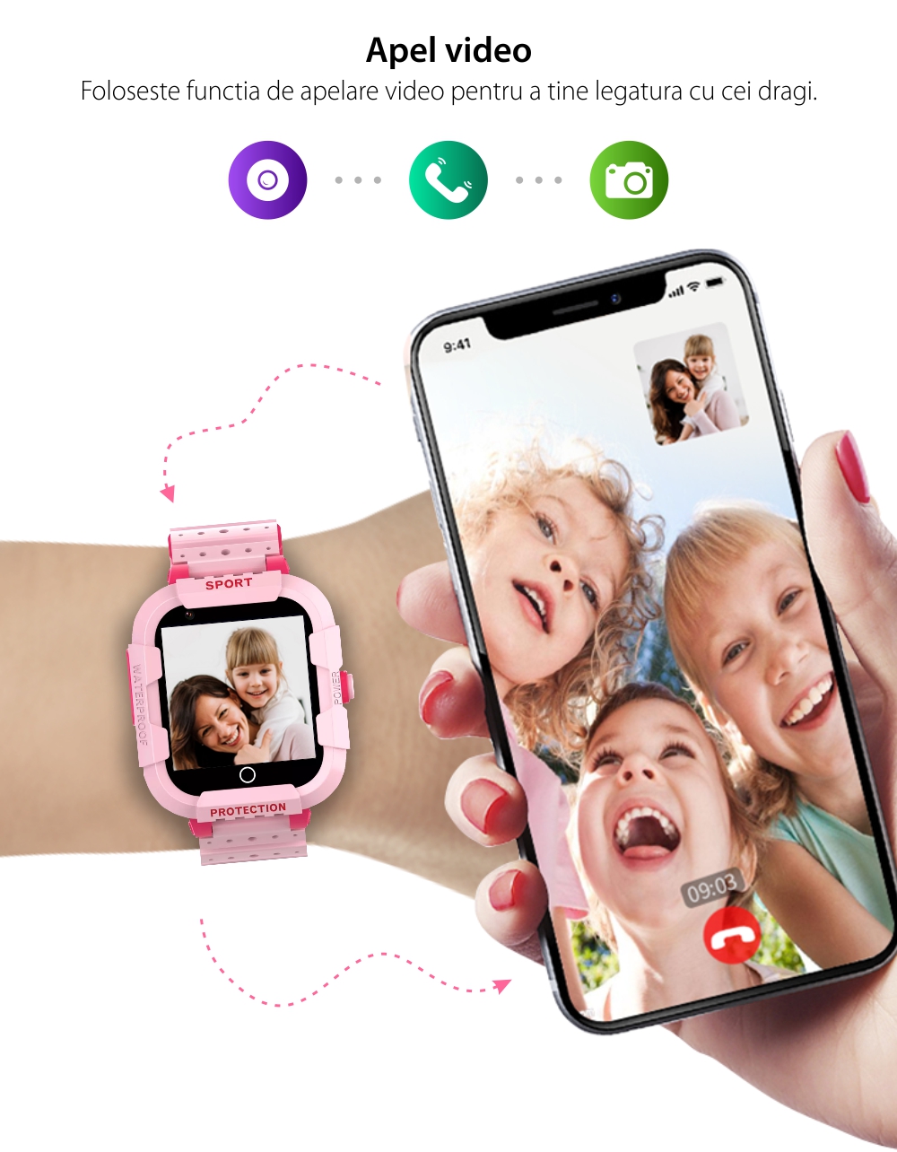 Ceas Smartwatch Pentru Copii Wonlex CT12 cu Functie telefon, Localizare GPS, Apel video, Pedometru, Contacte, Alarma, Roz