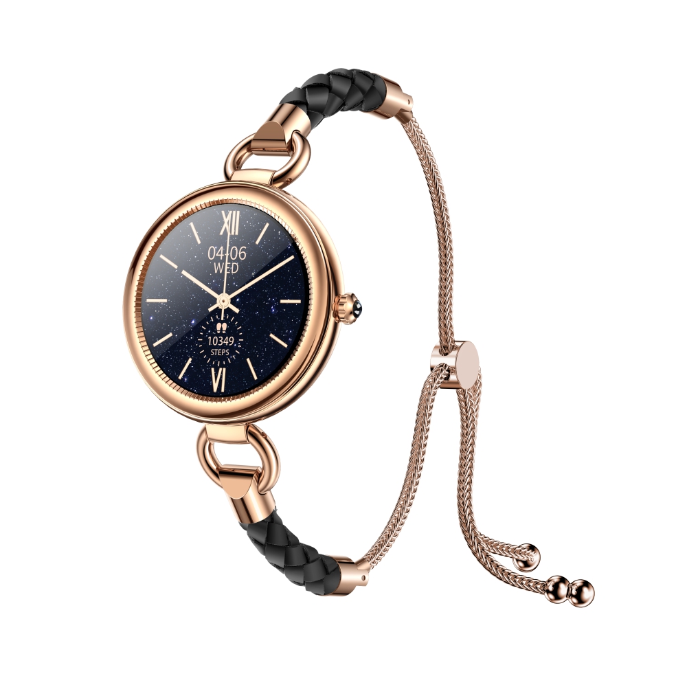 Ceas smartwatch dama twinkler tky-gt01 cu display 1.09 ips, moduri sportive, ritm cardiac, tensiune arteriala, notificari, auriu, bratara neagra