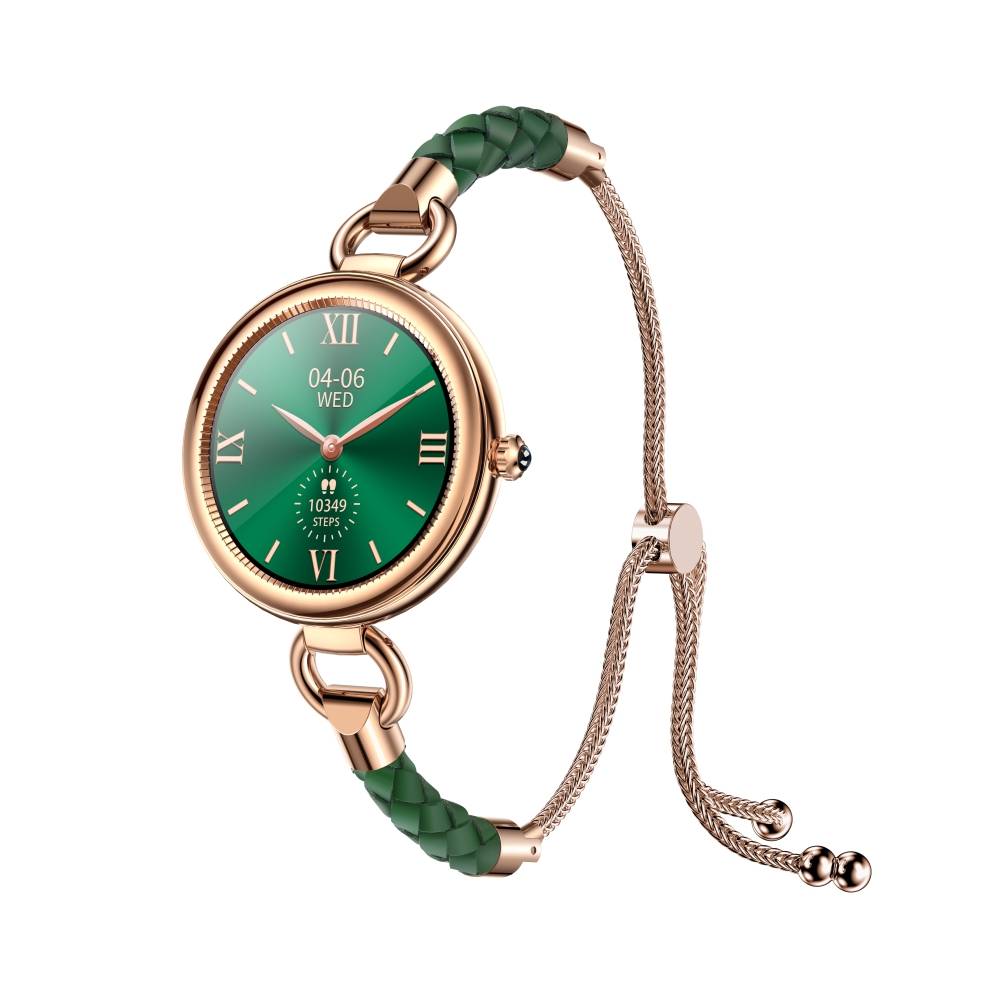 Ceas smartwatch dama twinkler tky-gt01 cu display 1.09 ips, moduri sportive, ritm cardiac, tensiune arteriala, notificari, auriu, bratara verde