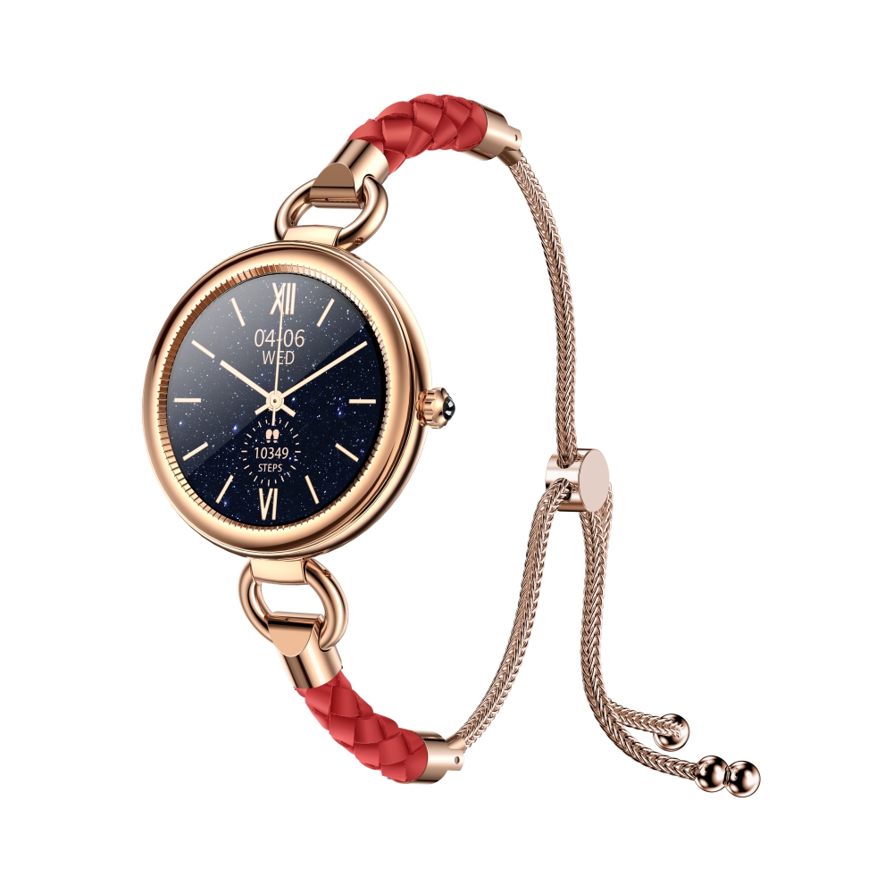 Ceas smartwatch dama twinkler tky-gt01 cu display 1.09 ips, moduri sportive, ritm cardiac, tensiune arteriala, notificari, auriu, bratara rosie
