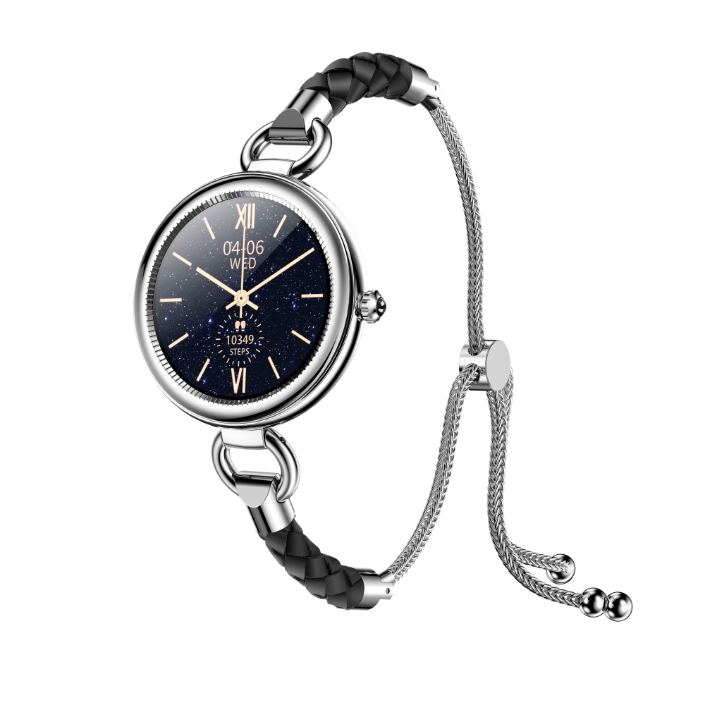Ceas smartwatch dama twinkler tky-gt01 cu display 1.09 ips, moduri sportive, ritm cardiac, tensiune arteriala, notificari, argintiu, bratara neagra