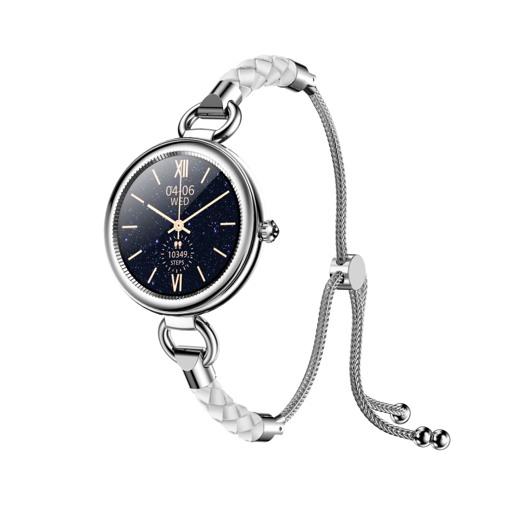 Ceas smartwatch dama twinkler tky-gt01 cu display 1.09 ips, moduri sportive, ritm cardiac, tensiune arteriala, notificari, argintiu, bratara gri