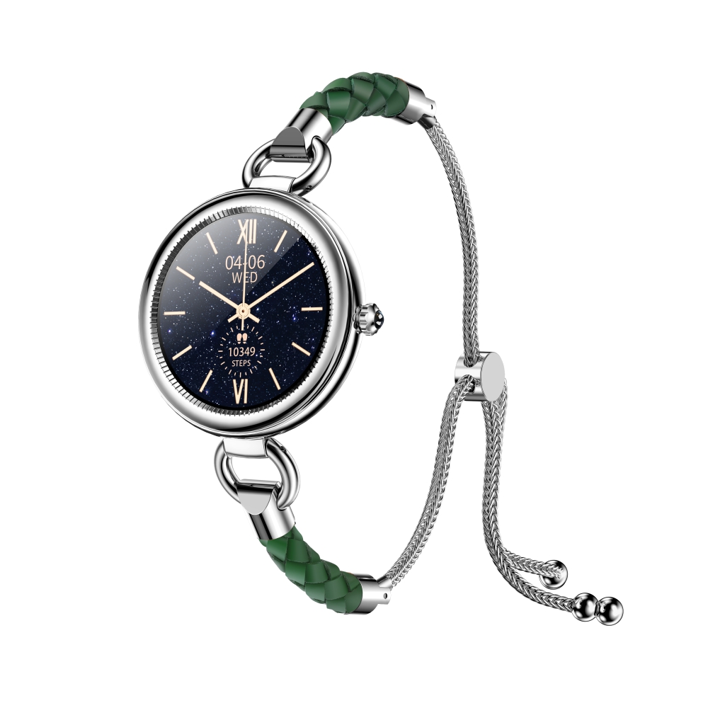 Ceas smartwatch dama twinkler tky-gt01 cu display 1.09 ips, moduri sportive, ritm cardiac, tensiune arteriala, notificari, argintiu, bratara verde