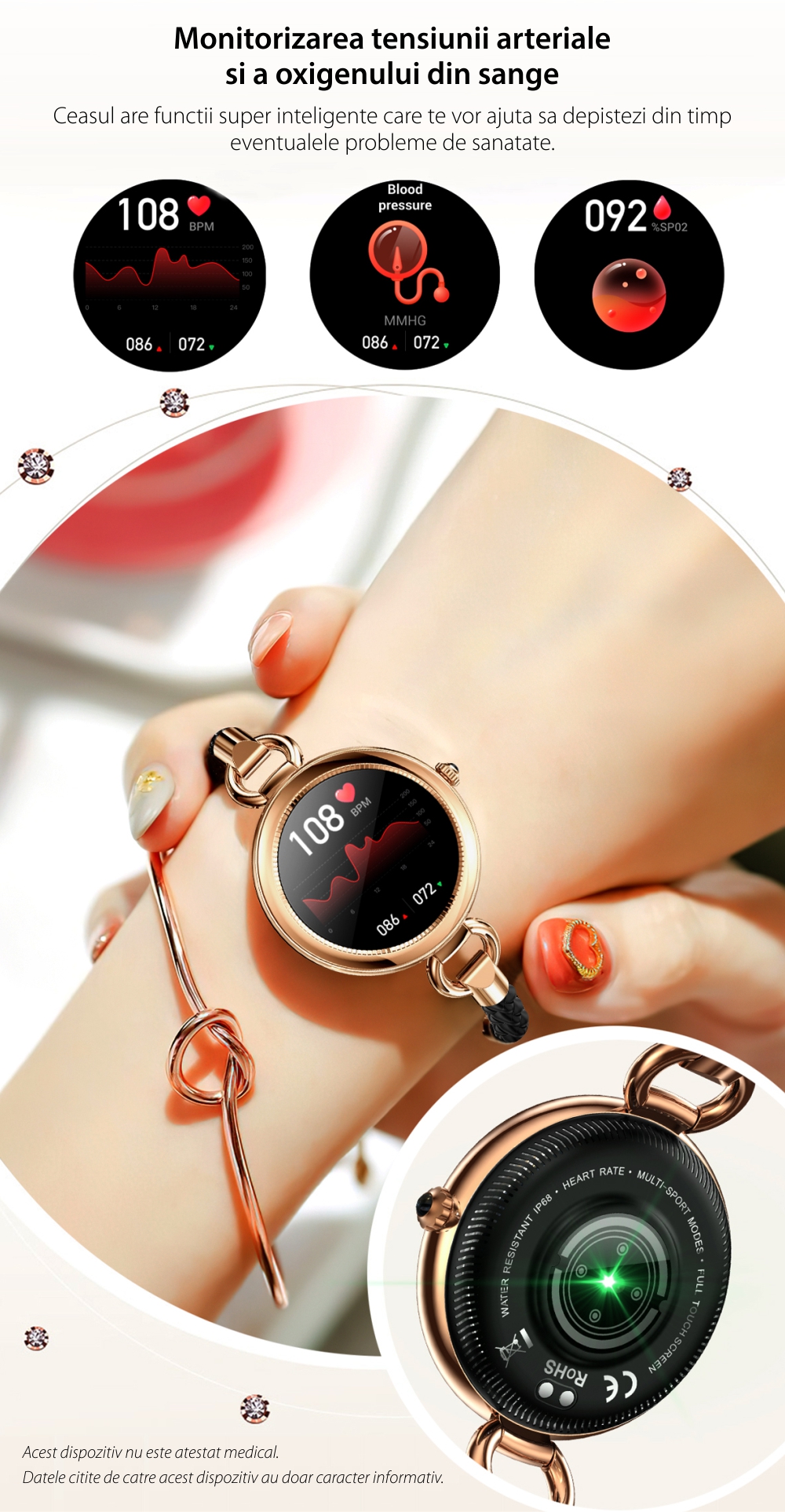 Ceas Smartwatch Dama Twinkler TKY-GT01 cu Display 1.09 IPS, Moduri sportive, Ritm cardiac, Tensiune arteriala, Notificari, Auriu, Bratara verde
