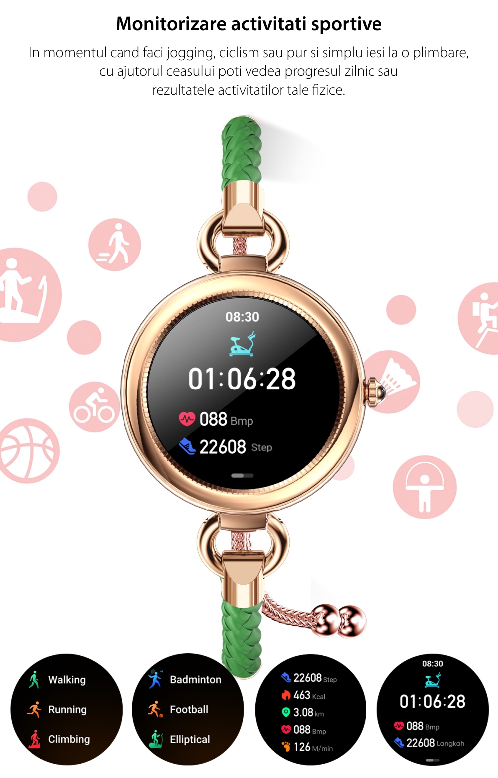 Ceas Smartwatch Dama Twinkler TKY-GT01 cu Display 1.09 IPS, Moduri sportive, Ritm cardiac, Tensiune arteriala, Notificari, Argintiu, Bratara verde