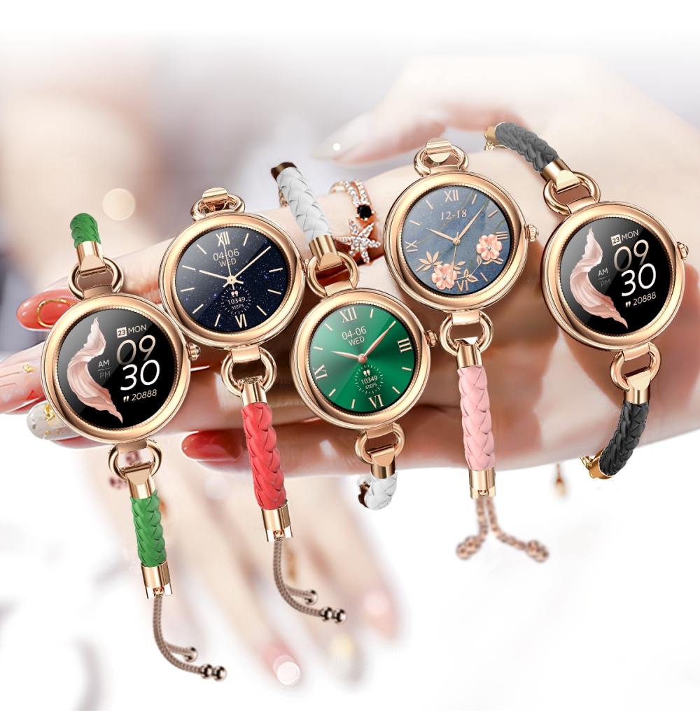 Ceas Smartwatch Dama Twinkler TKY-GT01 cu Display 1.09 IPS, Moduri sportive, Ritm cardiac, Tensiune arteriala, Notificari, Auriu, Bratara verde
