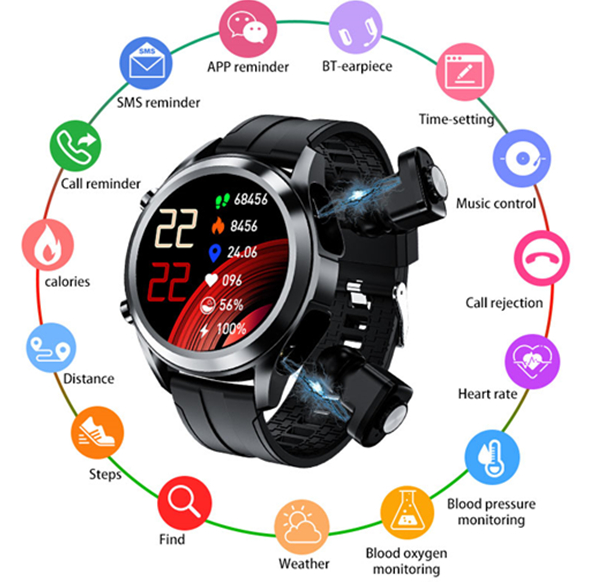 Ceas Smartwatch XK Fitness T10 cu Functii sanatate, Casti wireless TWS, Notificari, Cronometru, Bratara silicon, Negru